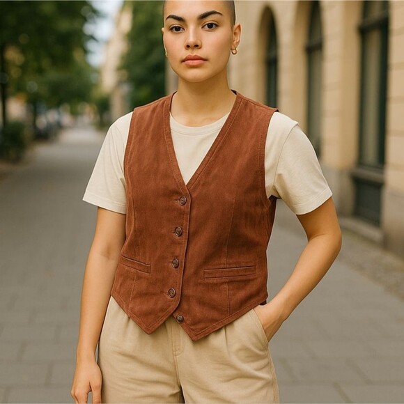 Vintage Suede Leather Vest Valerie Richards V-neck Button Two Pockets Western M - Picture 2 of 13
